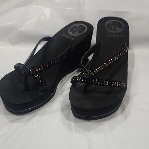 GUESS Black Wedge Flip-Flops with Multicolored Rhinestone Straps